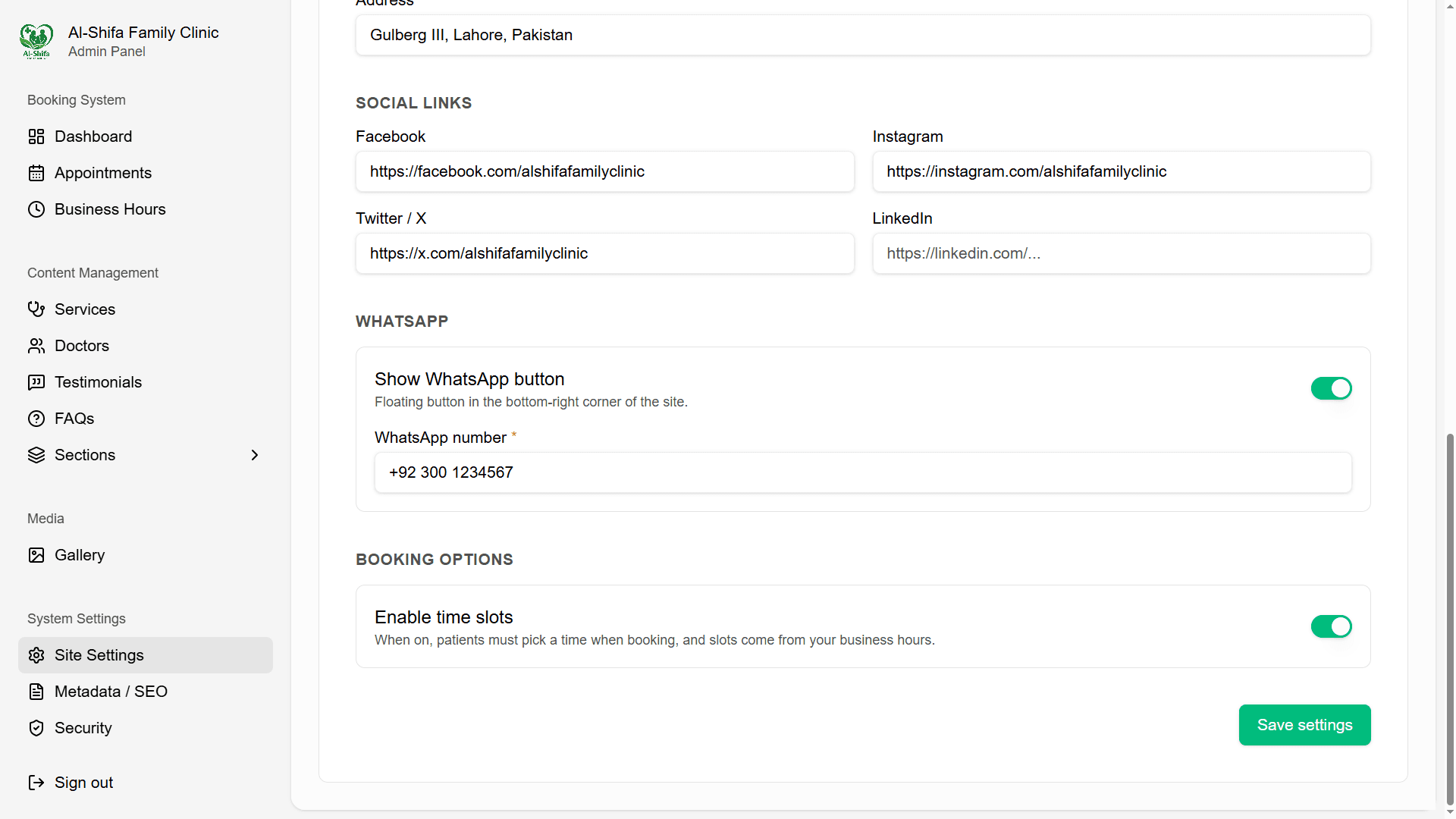 WhatsApp integration settings